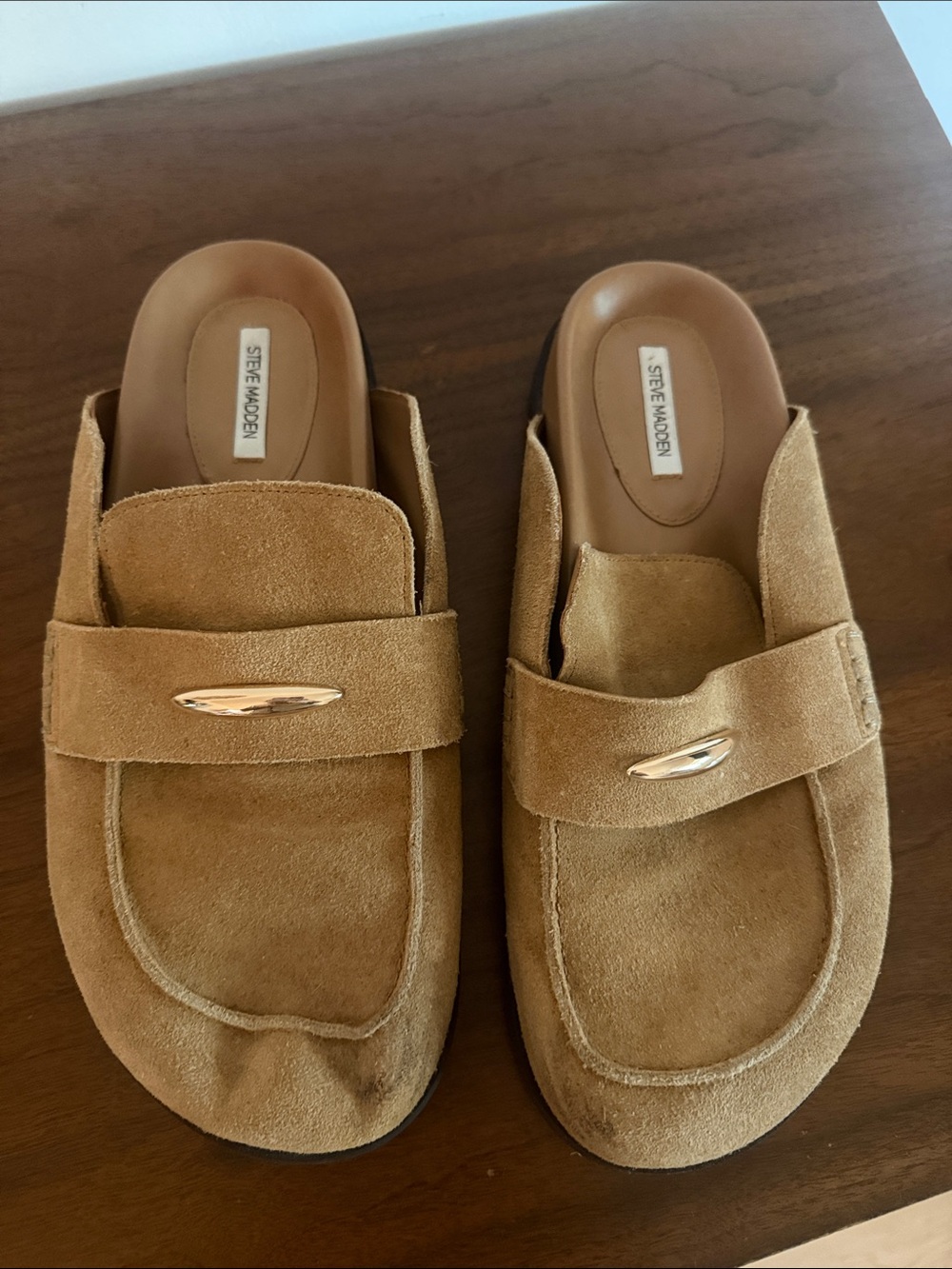 Steve Madden Tan Suede Slide Mules with Gold Accent